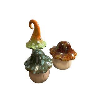 Whimsical Clay Mushrooms Set *3* Glazed Top Ceramic Pottery 4" H Garden Decor